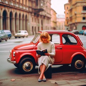 I portici, una 500 rossa, una ragazza che legge sa essere molto romantica questa AI