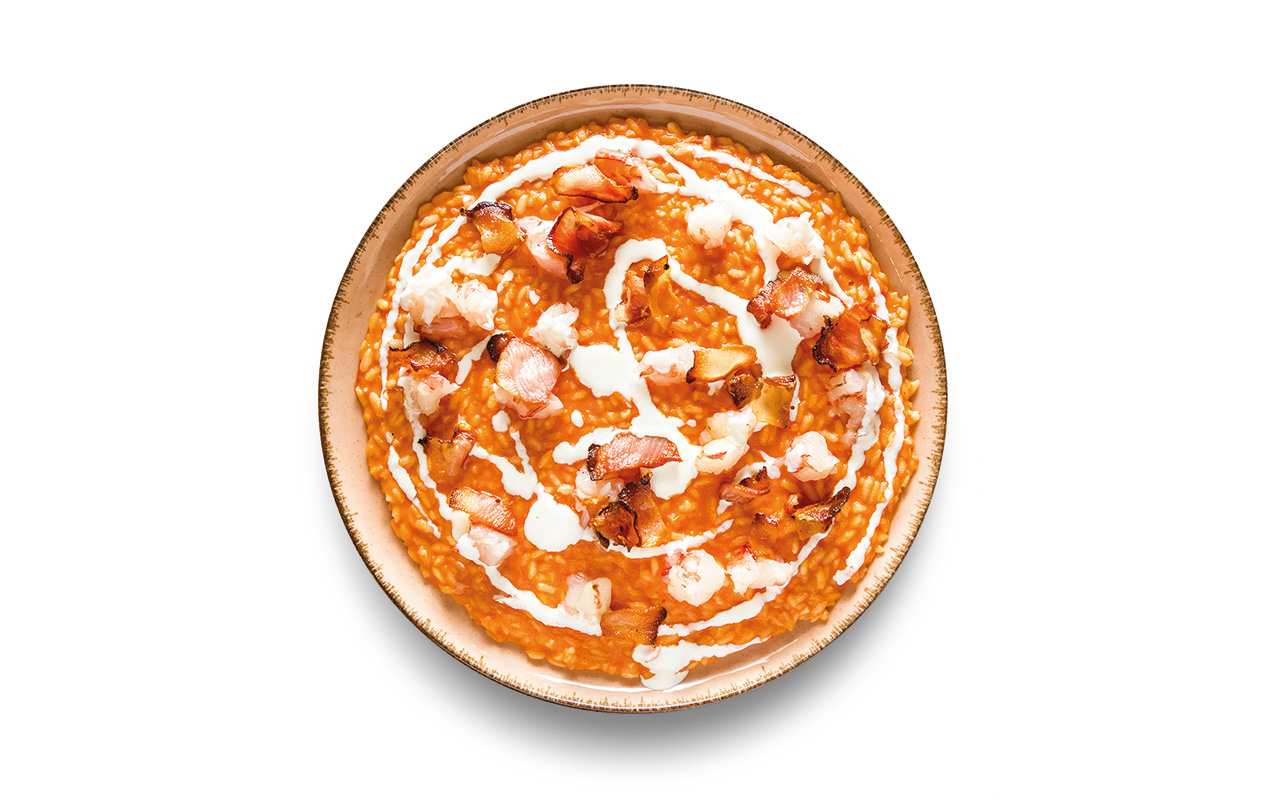 Piola di Via Piol - Risotto all'amatriciana con gamberi crudi e crema di burrata