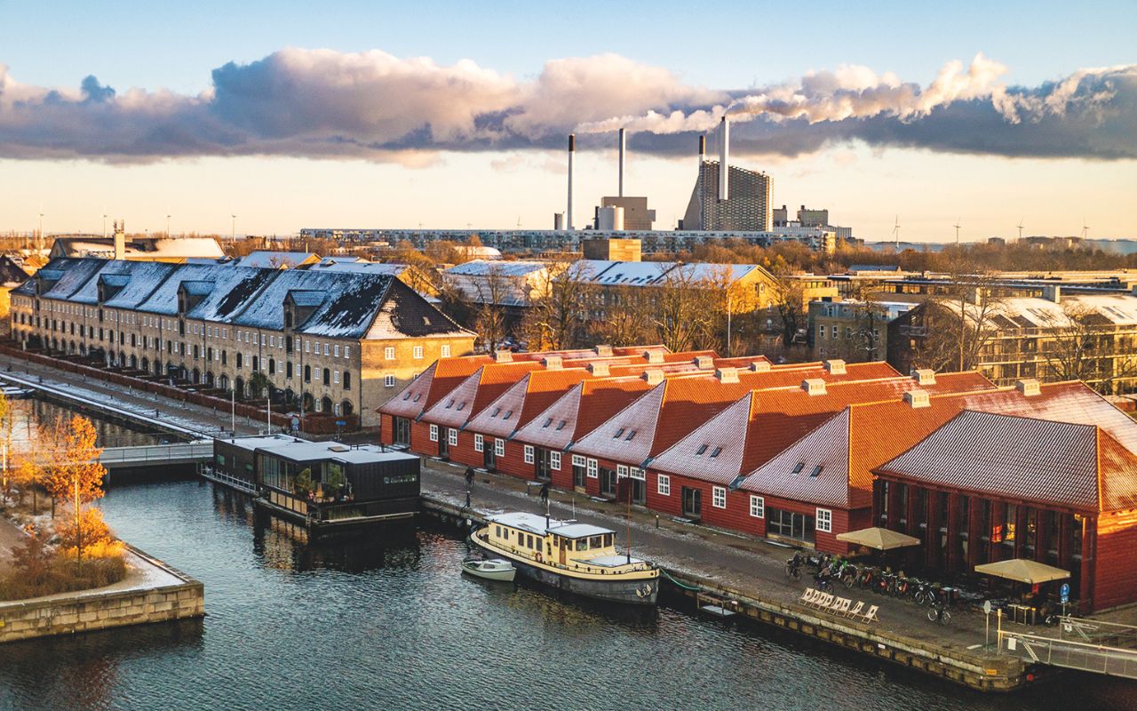 Copenaghen - Prospettiva aerea degli edifici del porto e dei docks