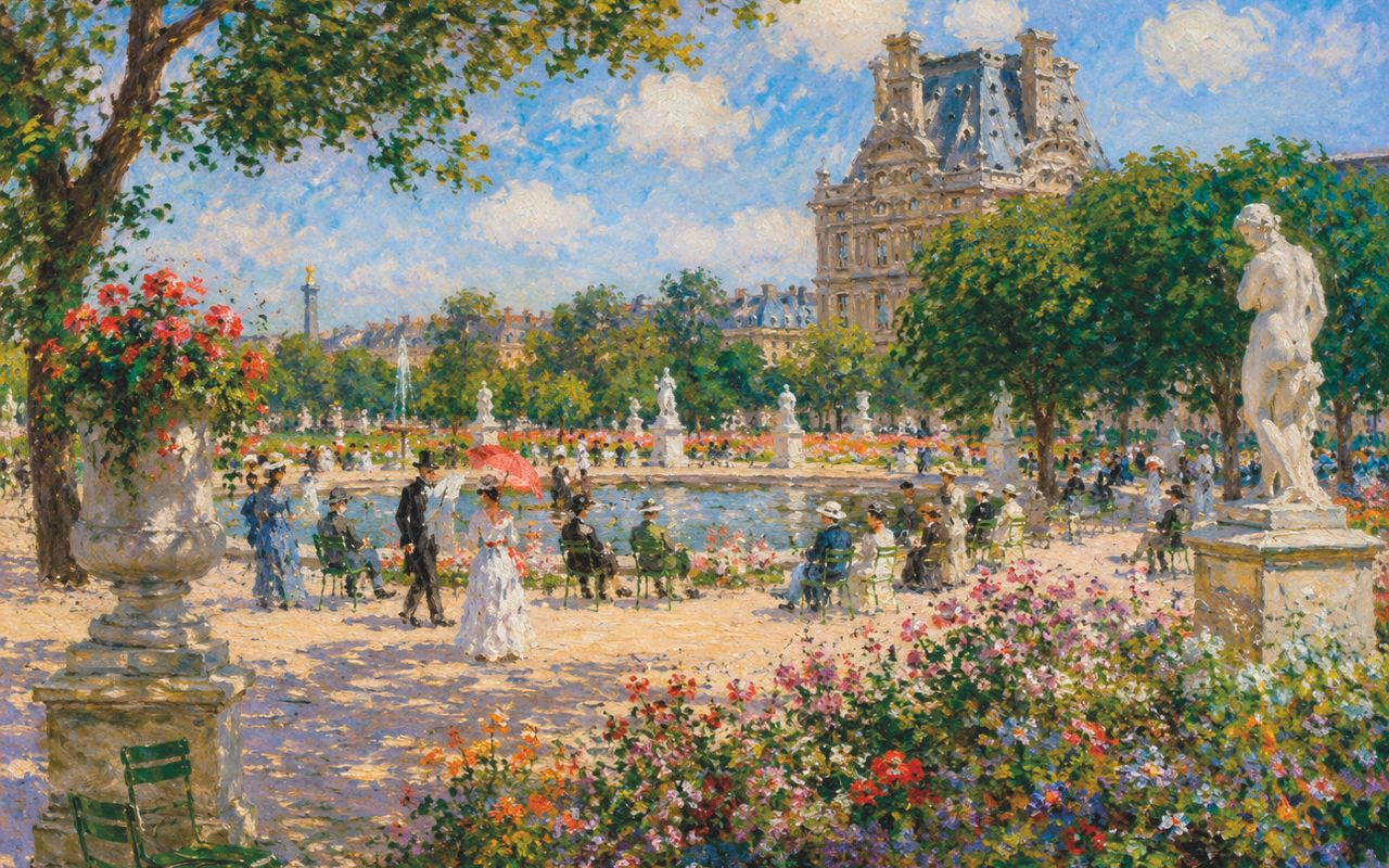 Da Giulia di Barolo al Chilometro quadrato della carità - giardini delle Tuileries che l'AI vede come dipinti da un ibrido tra Monet e Renoir